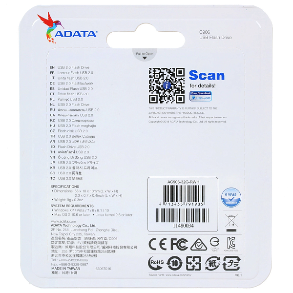 Флеш Диск A-Data 32GB Classic C906  USB2.0 белый