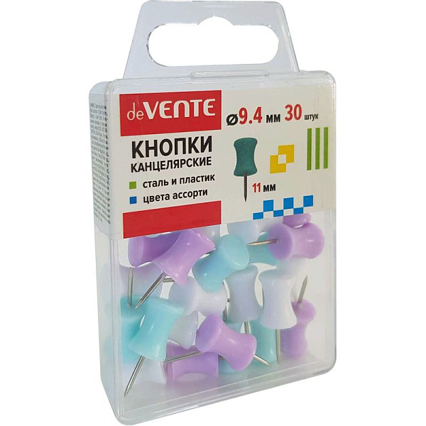 Кнопки канцелярские силовые "deVENTE. Pastel" диаметр 9,4 мм, цветные в форме гвоздика, 30 шт в пластиковой коробке