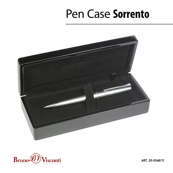 Ручка "SORRENTO" шарик. в футляре ДЕРЕВЯННОМ лак. 1.0 ММ, СИНЯЯ корп серебряный, футляр черный)