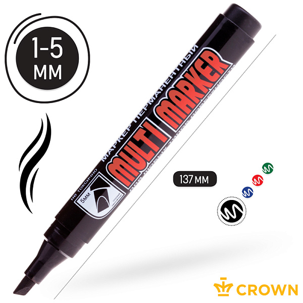 Маркер перманентный 5.0 мм, Crown "Multi Marker Chisel", спиртовая основа, скошенный наконечник, круглый корпус, чёрный