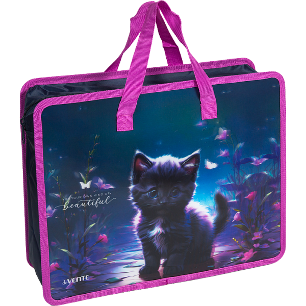 Папка для тетрадей, ИЗО и технологии 3D "deVENTE. Beautiful Cat" A4 (33,5x26x10 см) с текстильным расширением 10 см, на молнии сверху, пластик 500 мкм, текстильные ручки, в пластиковом пакете