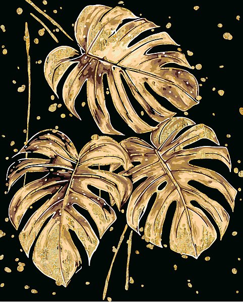 Картина по номерам 50*40 с поталью, эффект черного холста ) "Золотые листья монстеры" "ФРЕЯ"