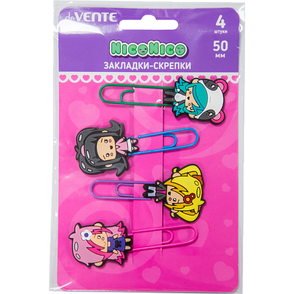 Набор закладок-скрепок "deVENTE. NicoNico:-)" металлические овальные цветные 50 мм с элементами декора, в блистерной упаковке, ассорти 4 дизайна