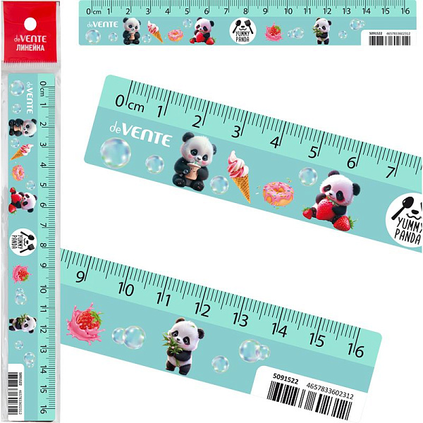 Линейка 16 см "deVENTE. Yummy Panda" пластиковая, с дизайном, с индивидуальной маркировкой, с цветным стикером