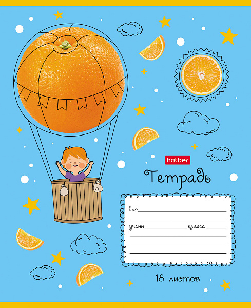 Тетрадь 18 листов в клетку "На апельсиновой планете" обл.мел.карт+тиснение, блок офс (65г/кв.м), микс 5вид