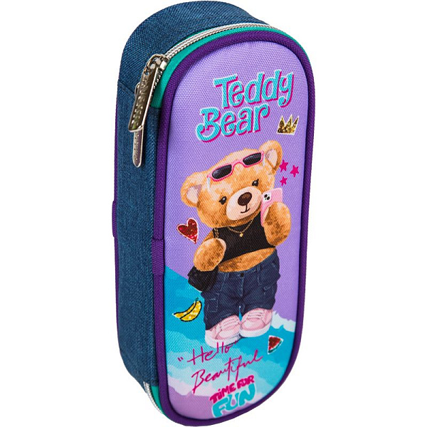 Пенал "deVENTE. Teddy Bear" 21x8x5 см, овальный для 50 предметов, с внутренним органайзером-створкой, текстильный джинсовый, на молнии