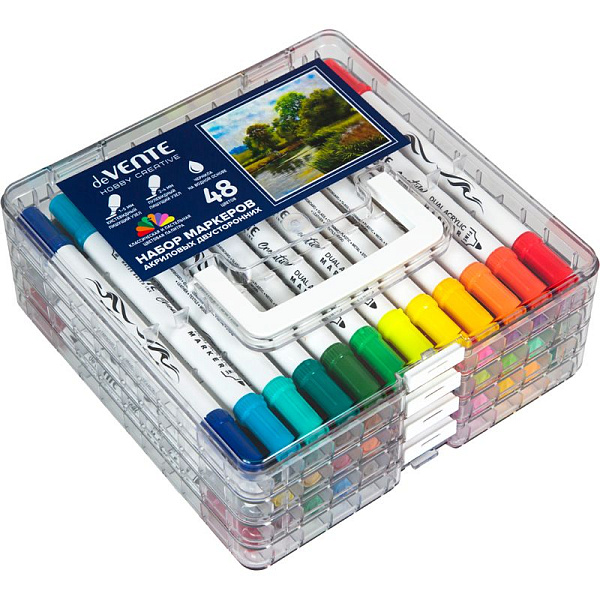 Набор маркеров акриловых "deVENTE. HOBBY CREATIVE. Classic&Pastel" 48 цв. двусторонние (кистевидный 1-5 мм/пулевидный 2-4 мм), круглый корпус, в пластиковой коробке