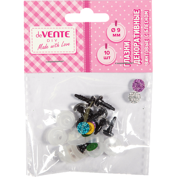 Глазки декоративные с блеском "deVENTE. Shine" 10 шт, 9 мм, круглые пластиковые, винтовые с фиксатором и блестящей вставкой, цвет ассорти в пластиковом пакете с блистерным подвесом