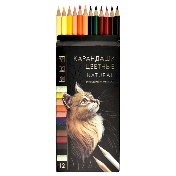 Карандаши 12 цветов "НАТУРЕЛЬ" (деревянные, размер: 8,6*17,8*0,85 см, форма корпуса: круглая, материал корпуса: светлое дерево, отделка: золотое тиснение на корпусе, диаметр