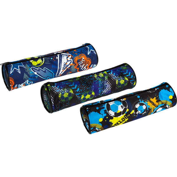 Пенал "Attomex. Football" 21x6x6 см, круглый для 55 пр., на молнии, текстильный с рисунком, ассорти 3 дизайна