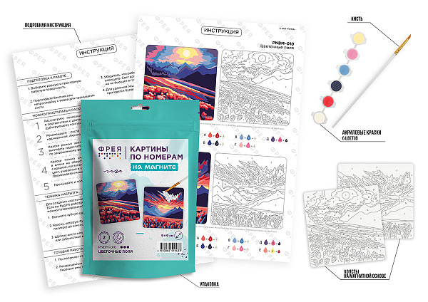 Картина по номерам (на магните) 9 х 9 см "Цветочные поля" "ФРЕЯ"