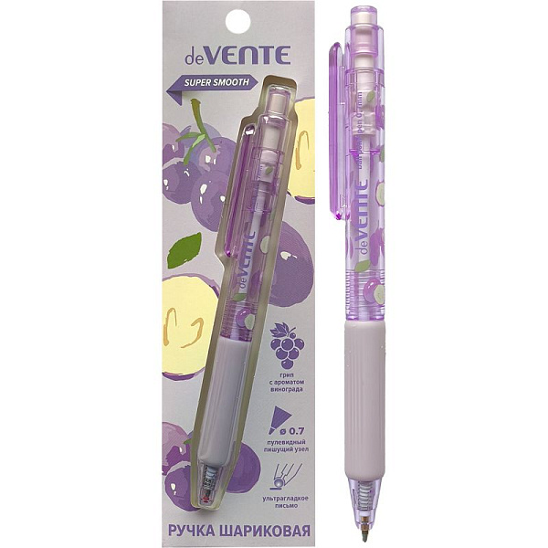 Ручка шариковая автоматическая 0,7 мм "deVENTE. Aroma Fruit" СИНЯЯ, ультра гладкое письмо, пластиковый корпус с клипом и ароматизированным каучуковым держателем, с ароматом винограда, в блистерной упаковке