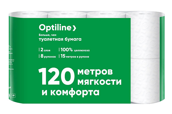 Туалетная бумага 2-слойная, белая, 8 рулонов в упаковке, Optiline
