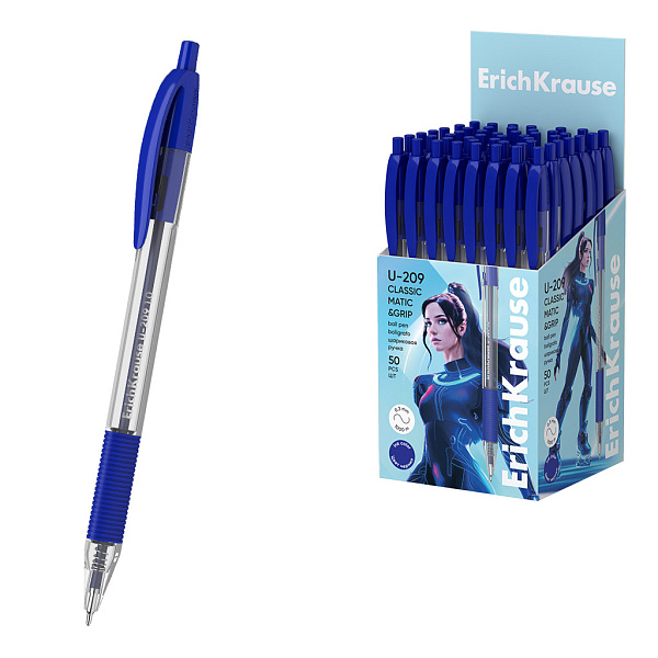 Ручка шариковая автомат. ErichKrause U-209 Matic&Grip Classic 1.0, Ultra Glide Technology, СИНЯЯ (в коробке по 50 шт.)