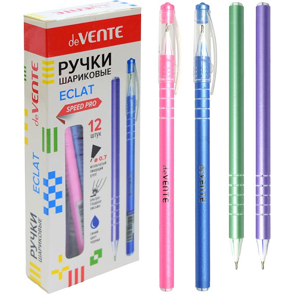 Ручка шариковая 0,7 мм "deVENTE. Eclat" серия Speed Pro, СИНЯЯ, ультра гладкое письмо, чернила на масляной основе, игольчатый пишущий узел, цветной корпус с перламутровым оттенком, цвета корпуса ассорти, одноразовая, индивидуальная маркировка, в карт