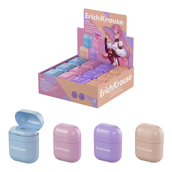 Точилка 1 отв. ErichKrause Case, Manga, пластиковая, с контейнером, ассорти (в коробке-дисплее по 24 шт)