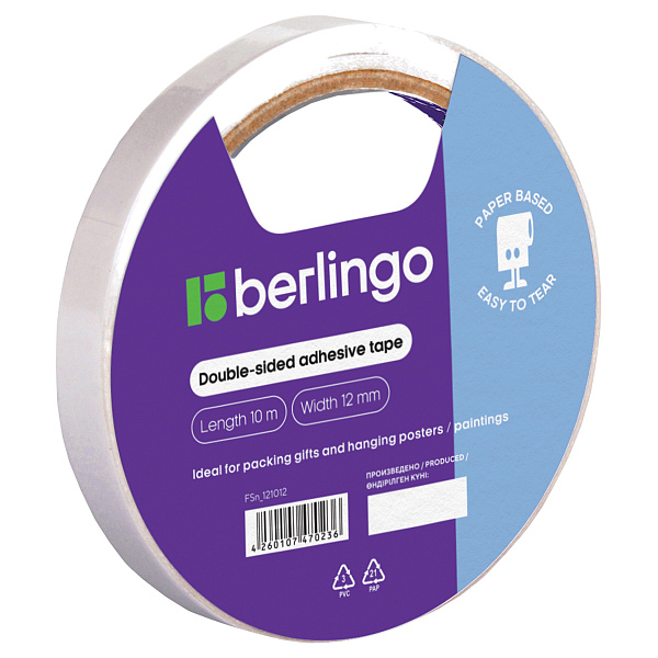 Клейкая лента двусторонняя 12 мм*10 м Berlingo, на бумажной основе, прозрачная