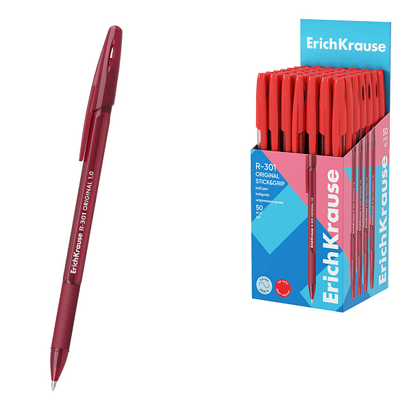 Ручка шариковая ErichKrause R-301 Stick&Grip Original 1.0, КРАСНАЯ