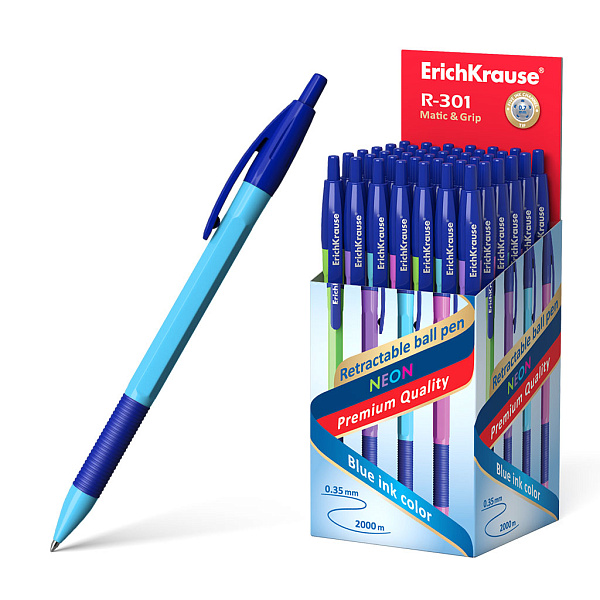 Ручка шариковая автоматическая ErichKrause® R-301 Neon Matic&Grip 0.7, цвет чернил синий (в коробке по 50 шт.)
