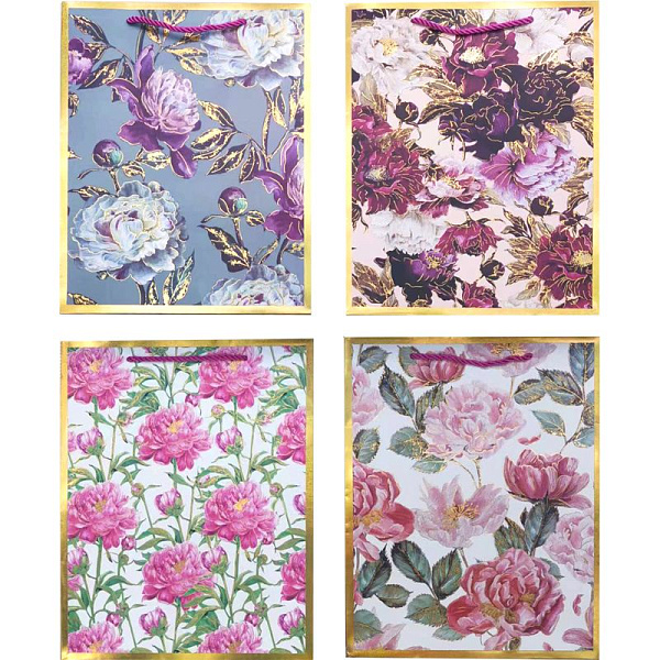 Пакет подарочный бум. "deVENTE. Flower border" Вертикальный,26x32x10 см, тиснение фольгой, бумага 210 г/м², ассорти 4 дизайна