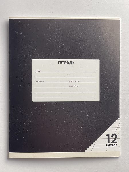 Тетрадь 12 листов в косую линию ЧЕРНАЯ, обложка из мелованного картона (200г/м2), блок офсет (92%, 60г/м2)