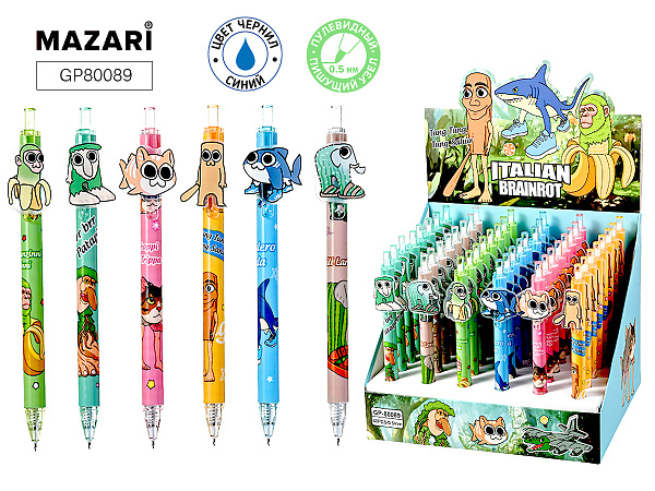 Ручка гелевая автоматическая 0,5мм ""Итал.Мем"" Синяя, пластик.корпус,стержень 89,4мм, МИКС 6 видов