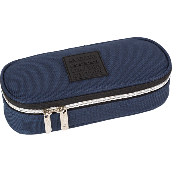 Пенал "deVENTE. Uno Navy" 21x8x5 см, овальный для 50 предметов, с внутренним органайзером-створкой, матовый полиэстер с водоотталкивающей пропиткой, на молнии, аппликация из каучука, темно-синий