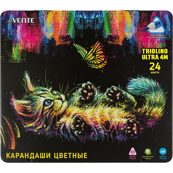Карандаши 24 цв. "deVENTE. Trio Mega Soft" 4М, диаметр грифеля 3 мм, трехгранные, в подарочной металлической коробке