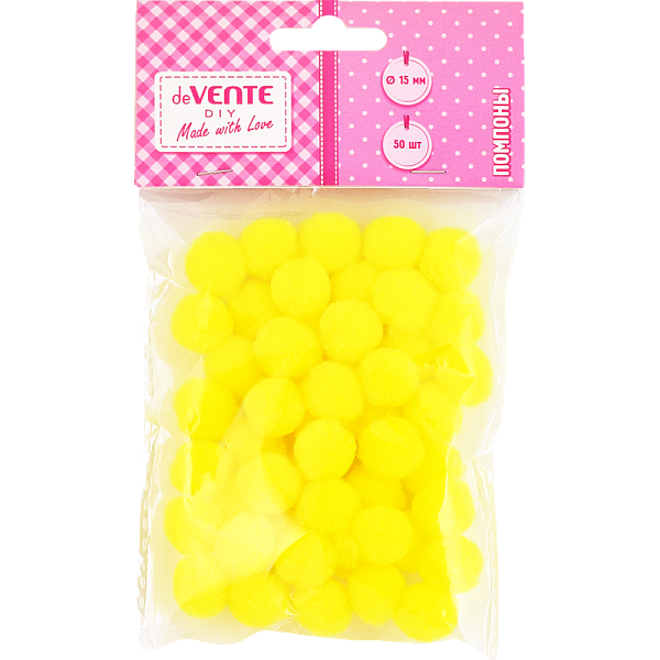 Набор помпонов для творчества "deVENTE" 15 мм, 50 шт, цвет желтый, в пластиковом пакете с блистерным подвесом