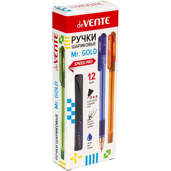 Ручка шариковая 0,5 мм "deVENTE. Mr. Gold" серия Speed Pro, СИНЯЯ, ультра гладкое письмо, чернила на масляной основе, полупрозрачный тонированный круглый корпус с каучуковым держателем, сменный стержень, индивидуальная маркировка, в картонной коробке