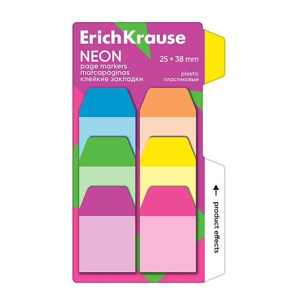 Закладки пластиковые ErichKrause Neon, 25X38 мм, 60 листов, 6 цветов