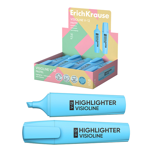 Маркер-текстовыделитель ErichKrause Visioline V-12 Pastel, цвет чернил голубой (в коробке-дисплее по 10 шт.)