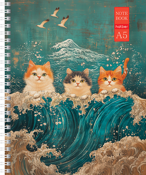 Тетрадь 48 листов в клетку на гребне "Коты и море" 60-65г/кв.м Обл. мел.картон мат ламин,тиснение 4 диз.в блоке скругл.углы