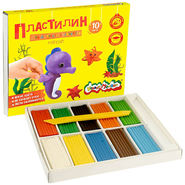 Пластилин мягкий (восковой) 10 цв. 150 гр.  "Каляка-Маляка" Для детского творчества, со стеком