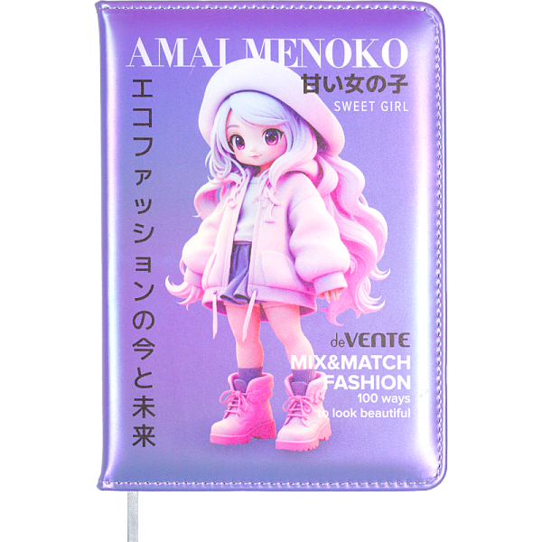 Записная книжка "deVENTE. Amai Menoko" B6 (120 ммx170 мм) 160 стр, белая бумага 70 г/м² в клетку, печать в 1 краску, твердая обложка из искусственной кожи с поролоном, цветная печать, цветной форзац, закругленные уголки, отстрочка, 1 ляссе, в термоус