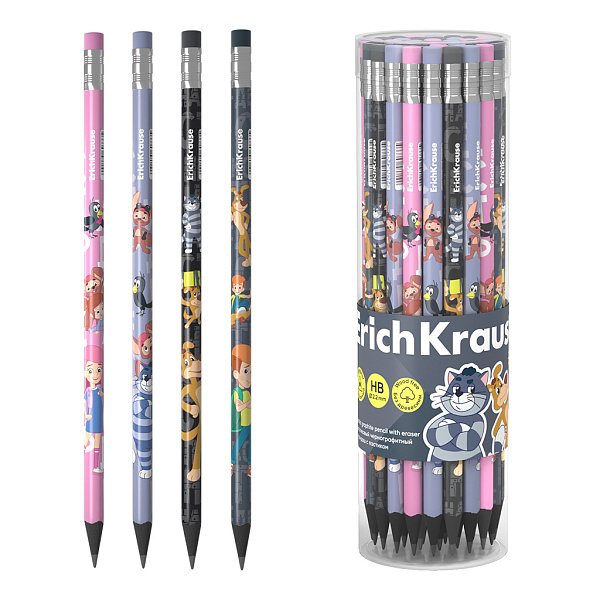 Чернографитный карандаш пластиковый ErichKrause Простоквашино, трехгранный, с ластиком, HB (в тубусе по 42 шт.)