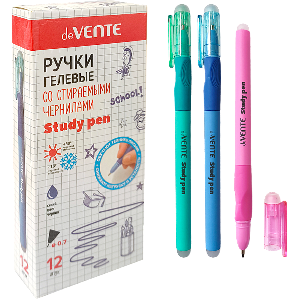 Ручка гелевая 0,7 мм стираемая "deVENTE. Study Pen. School" СИНЯЯ, корпус ассорти 3 цвета с покрытием Velvet Touch, с эргономичным каучуковым держателем, с 2-мя ластиками (в колпачке и на конце корпуса) сменный стержень, индивидуальная маркировка