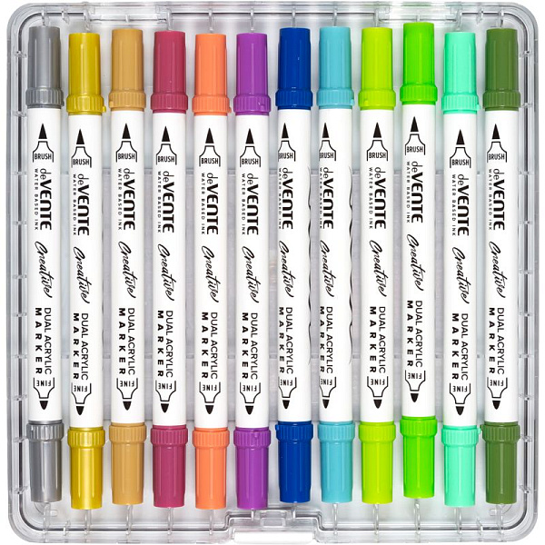 Набор маркеров акриловых "deVENTE. HOBBY CREATIVE. Classic&Pastel" 36 цв. двусторонние (кистевидный 1-5 мм/пулевидный 2-4 мм), круглый корпус, в пластиковой коробке