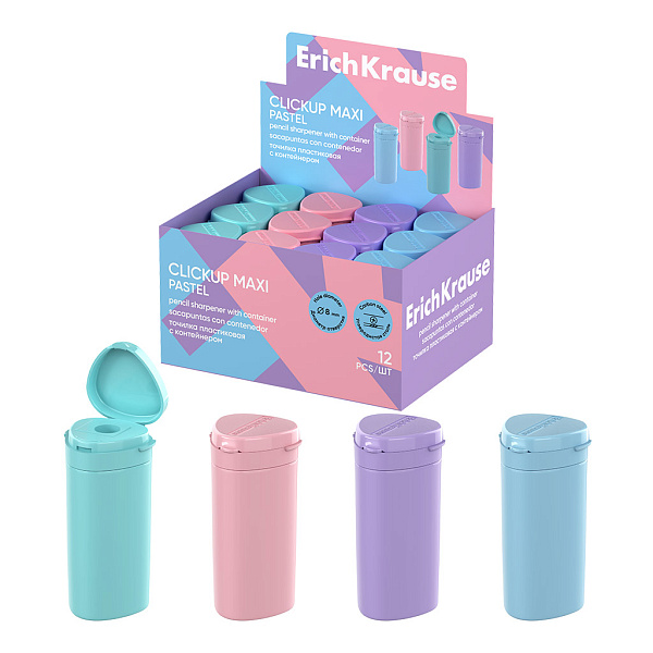 Точилка 1 отв. ErichKrause ClickUp Maxi, Pastel, пластик., с контейнером, ассорти (в коробке-дисплее