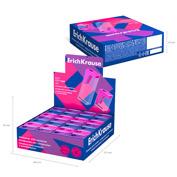 Точилка пластиковая ErichKrause City Mini, Vivid, с контейнером, ассорти (в коробке-дисплее по 28 шт)