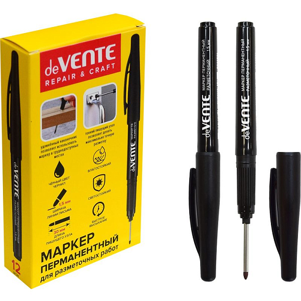 Маркер перм. 1,5 мм "deVENTE. REPAIR & CRAFT. Long Tip" черный, для разметочных работ, круглый пластиковый корпус, с клипом, пулевидный наконечник, длина наконечника 30 mm,