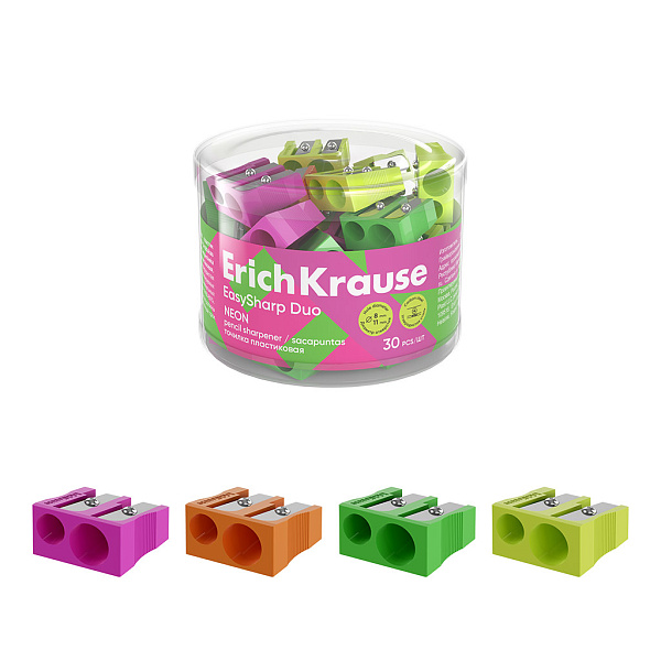 Точилка 2 отв. ErichKrause EasySharp Duo, Neon, пластиковая, ассорти (в тубусе по 30 шт)