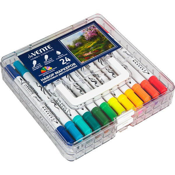 Набор маркеров акриловых "deVENTE. HOBBY CREATIVE. Classic&Pastel" 24 цв. двусторонние (кистевидный 1-5 мм/пулевидный 2-4 мм), круглый корпус, в пластиковой коробке