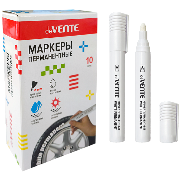 Маркер перманентный 2 мм "deVENTE" БЕЛЫЙ круглый корпус, с клипом, пулевидный наконечник,