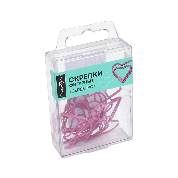Скрепки фигурные сердечко L28 мм 12 шт., пластик. коробка, европодвес, розовые Глобус