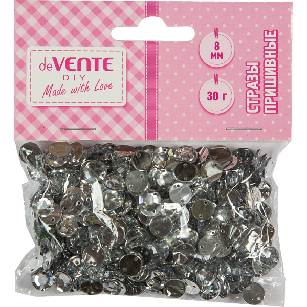 Стразы пришивные "deVENTE. Круглые"акриловые, 8 мм, 30 г, цвет серебристый в пластиковом пакете с блистерным подвесом