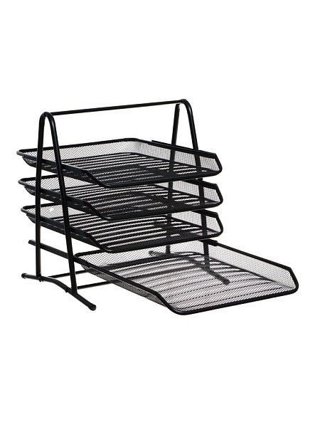 Лоток горизонтальный для бумаг INDEX, 4 отделения, сетка, металл, 350*335*290, черный