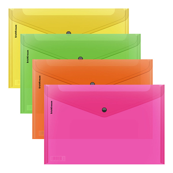 Папка-конверт на кнопке пластиковая ErichKrause® Glossy Neon, A4, полупрозрачный, ассорти (в пакете по 24 шт.)