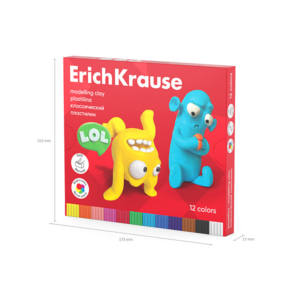 Пластилин 12 цв. ErichKrause Jolly Friends классический, со стеком, 216 г 