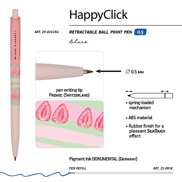 Ручка шариковая автомат 0,5 мм Bruno Visconti "HappyClick. Ягодные тортики. Клубника" СИНЯЯ